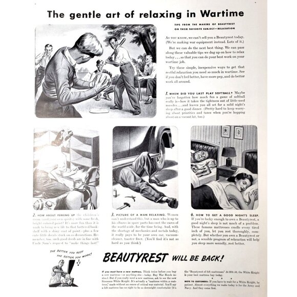 PRINT AD 1943 Beautyrest Mattresses Relaxing in Wartime WWII Buy War Bonds - Picture 1 of 3